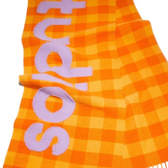 ACNE STUDIOS NWT Check Logo Fringed Wool Scarf in Orange/Lilac - Picture 3 of 6